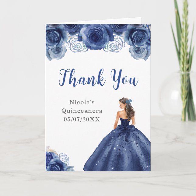 Princess in Navy Blue Dress Quinceanera Thank You Card (Front)