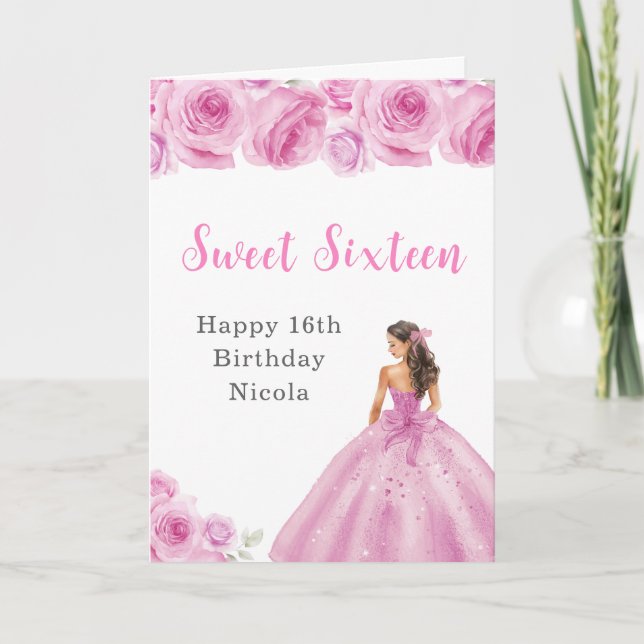 Princess in Pink Dress Sweet Sixteen Birthday Card (Front)