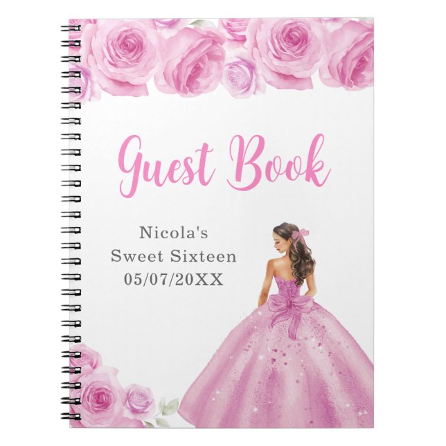 Princess in Pink Dress Sweet Sixteen Guest Book (Front)