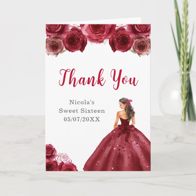 Princess in Red Dress Sweet Sixteen Thank You Card (Front)