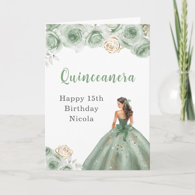 Princess in Sage Green Dress Birthday Quinceanera Card (Front)
