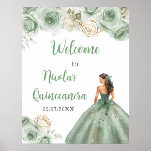 Princess in Sage Green Dress Quinceanera Welcome Poster