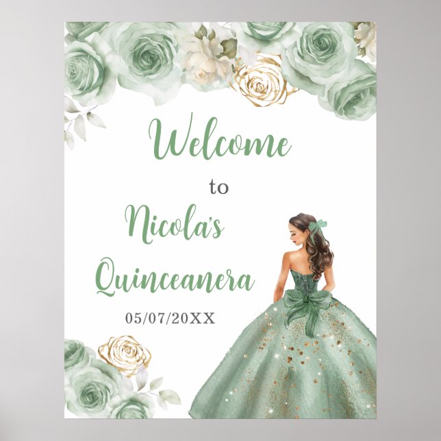Princess in Sage Green Dress Quinceanera Welcome Poster (Front)