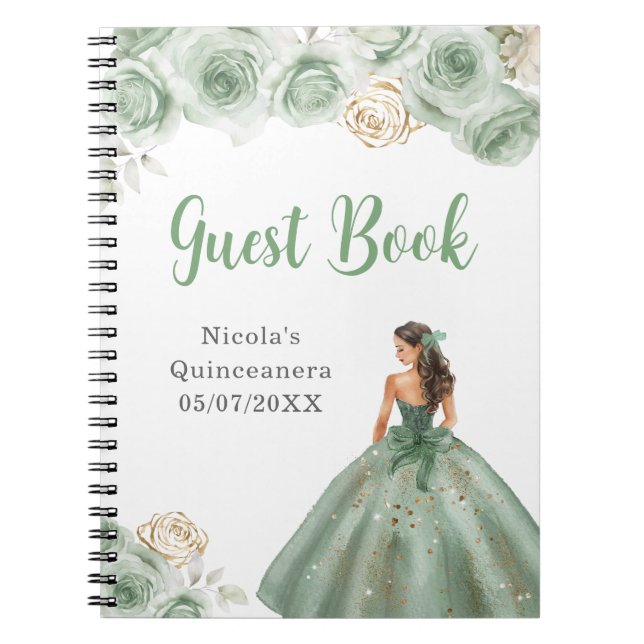 Princess in Sage Green Quinceanera Guest Book (Front)
