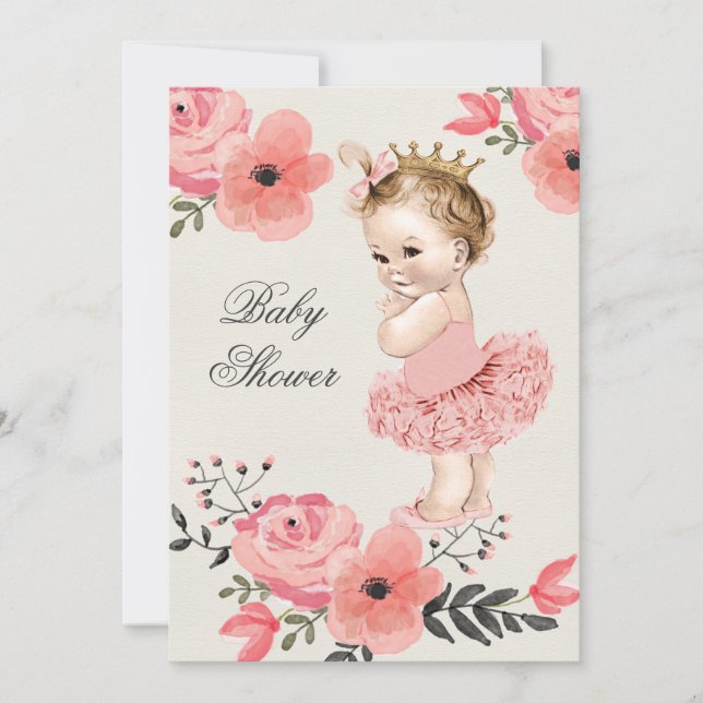 Princess in Tutu Watercolor Flowers Baby Shower Invitation (Front)