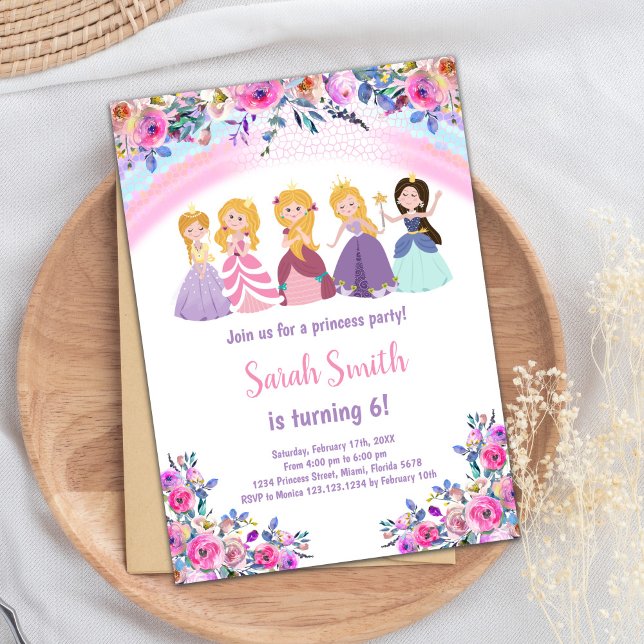 Princess Invitation, Princess Birthday Invitation (Pink Rainbow Floral Princess Birthday Invitations)