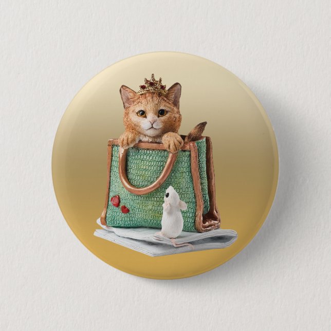 Princess Kitten in Bag with Mouse & Magazine 6 Cm Round Badge (Front)