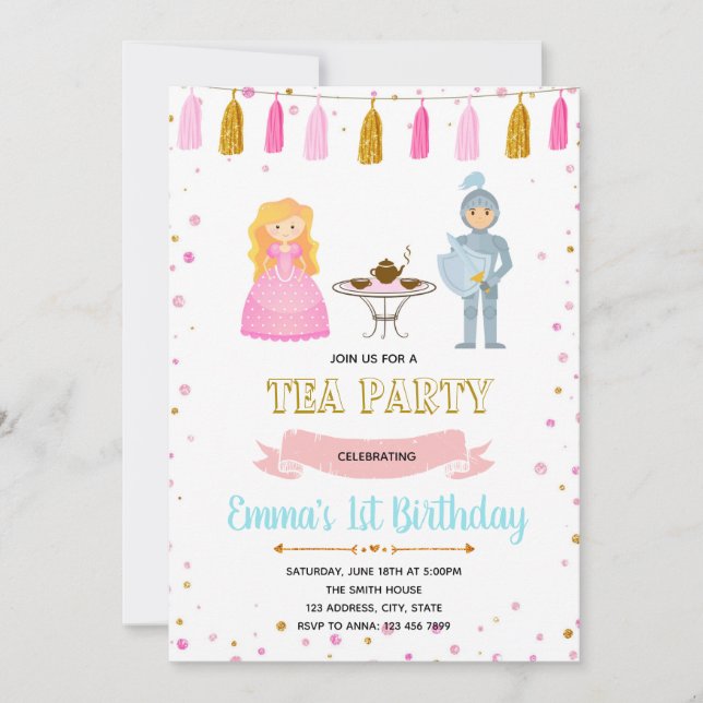 Princess knight tea party birthday invitation (Front)