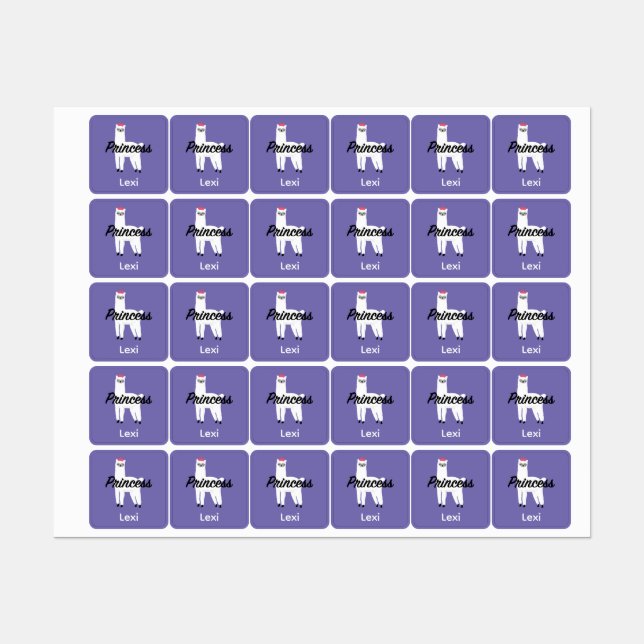 Princess Lama Design - Small Square Clothing Label (Sheet)