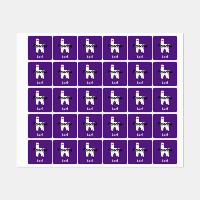 Princess Lama Design - Small Square Clothing Label (Sheet)
