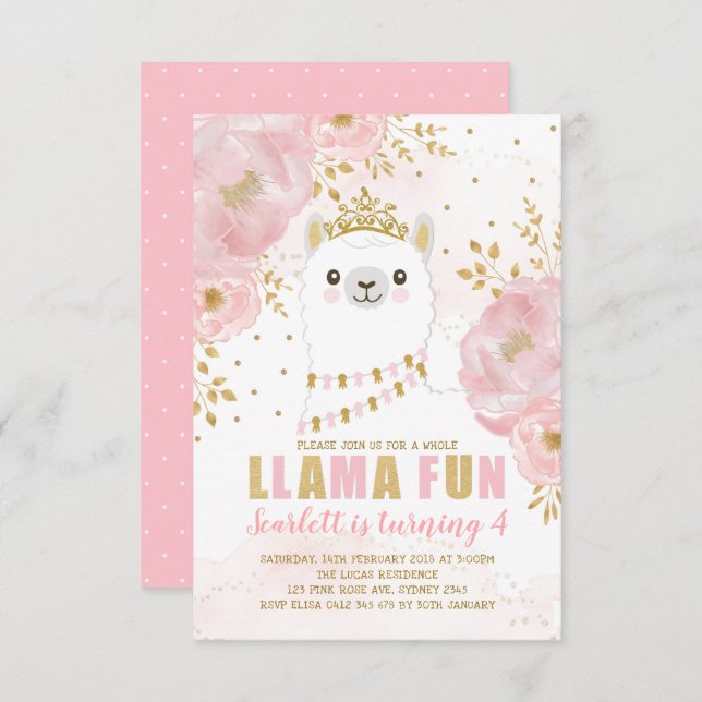 Princess Llama Birthday / Pink Gold Fiesta Party Invitation (Front/Back)