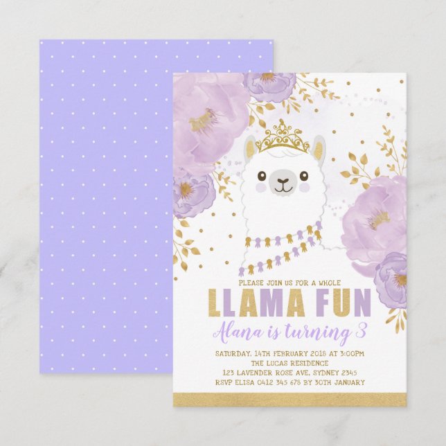 Princess Llama Birthday / Purple Gold Fiesta Party Invitation (Front/Back)