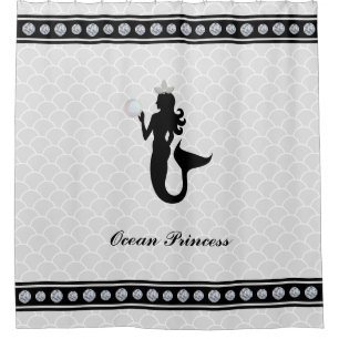 Princess Mermaid Black Silhouette on Silver Grey Shower Curtain