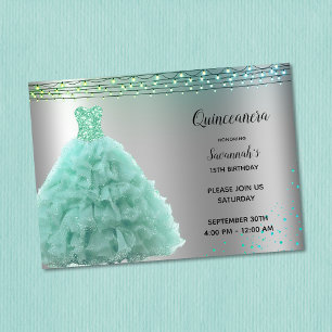 Princess Mint Green Gown String Lights Quinceanera Invitation