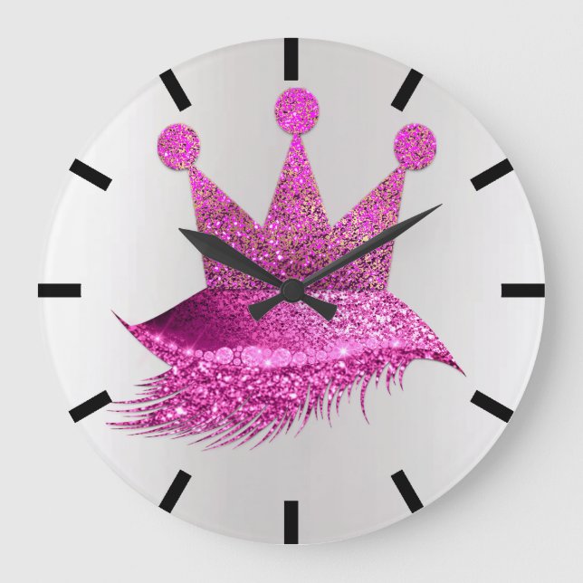 Princess Of Lashes Crown Pink Grey Black Glitter Large Clock (Front)