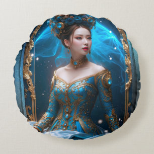 Princess Of The Blue Rose AI Art by Xzendor7 Round Cushion