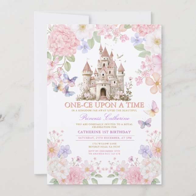 Princess ONE-CE Upon a time birthday Castle Floral Invitation (Front)
