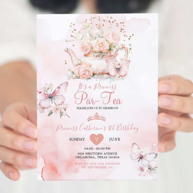 Princess ParTea Pink Butterfly 8th Birthday Floral Invitation (Creator Uploaded)