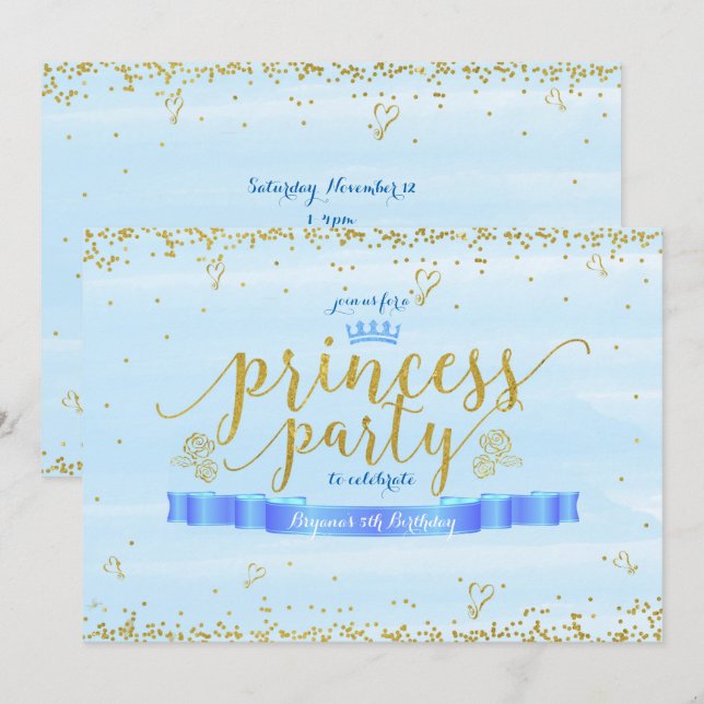 Princess Party Blue & Gold Birthday Invitations (Front/Back)