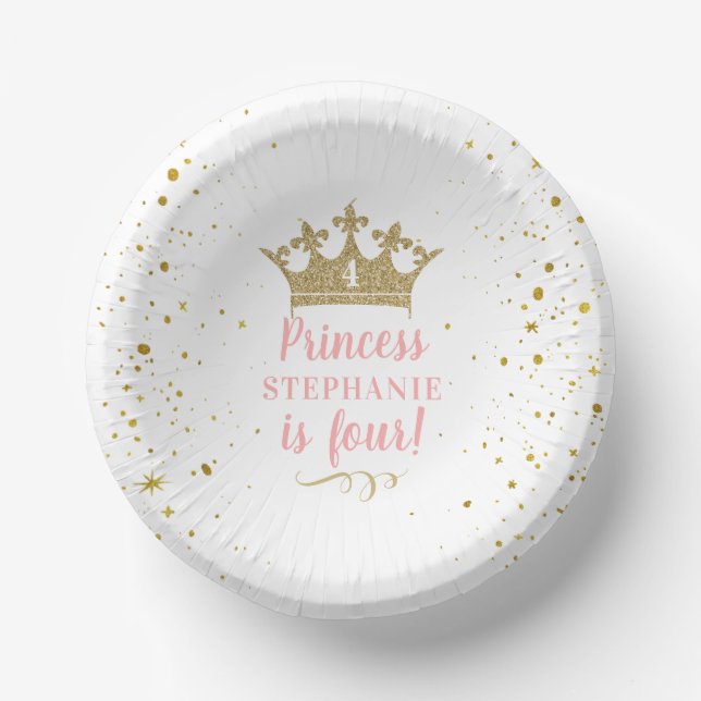 Princess Party Gold Crown Confetti Pink Paper Bowl Plate (Front)