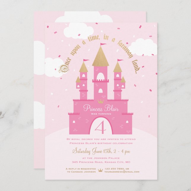 Princess Party Invitations | Pink & Gold Castle (Front/Back)
