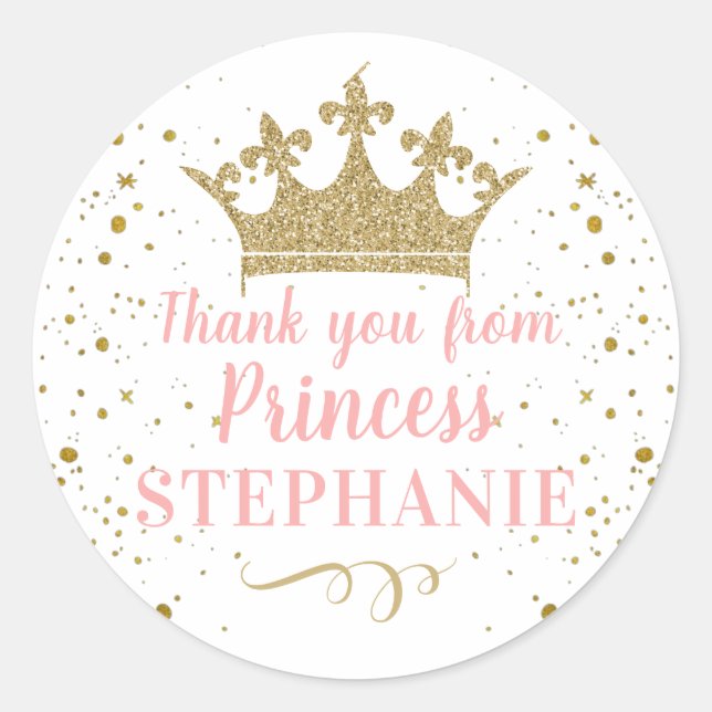 Princess Party Pink Gold Thank You Favour Classic Round Sticker (Front)