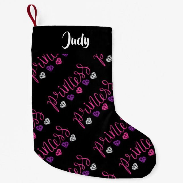 Princess pattern on black small christmas stocking (Front)