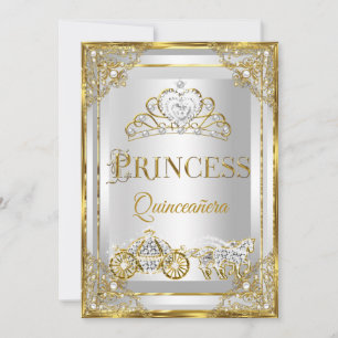 Princess Pearl Gold White Quinceanera carriage Invitation