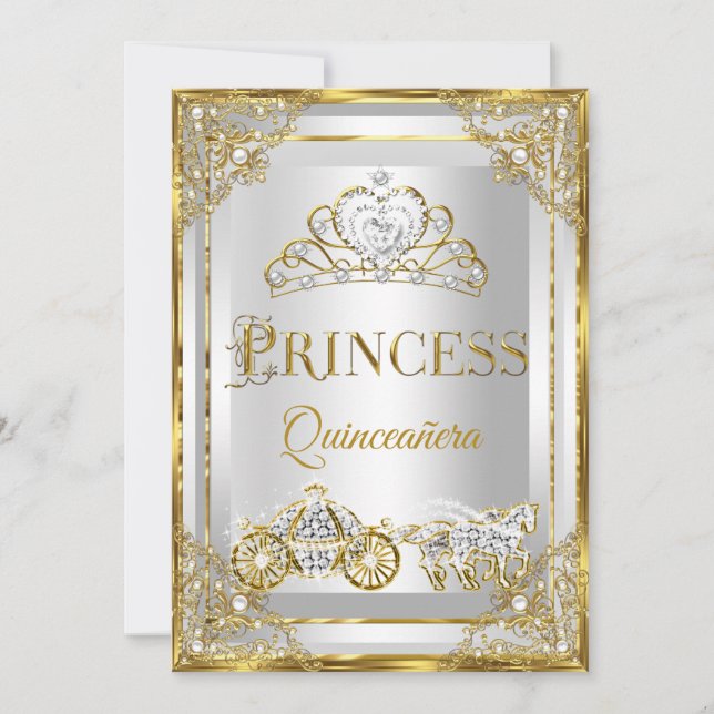 Princess Pearl Gold White Quinceanera carriage Invitation (Front)