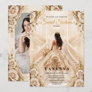 Princess photo sweet 16 Beige and Gold Invitation