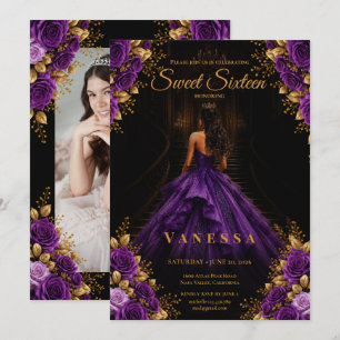 Princess Photo sweet 16 purple gold Invitation