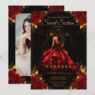 Princess Photo Sweet 16 Red Gold Invitation