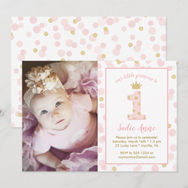 Princess Pink and Gold Dots 1st Birthday Invitation (Front/Back)