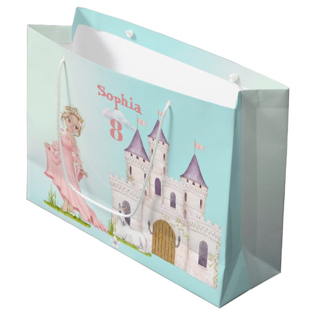Princess Pink Blue Castle Cute Birthday Large Gift Bag (Front Angled)