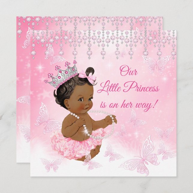 Princess Pink Butterfly Baby Shower Ethnic Invitation (Front/Back)