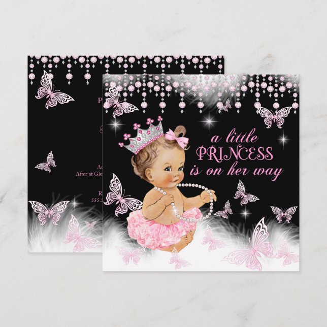 Princess Pink Butterfly Girl Baby Shower Cute Invitation (Front/Back)
