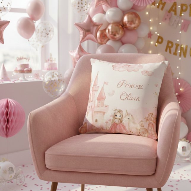 Princess Pink Castle Unicorn Birthday Party  Cushion (Creator Uploaded)