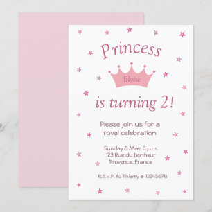 Princess Pink Crown Tiara Stars Kids Baby Birthday Invitation