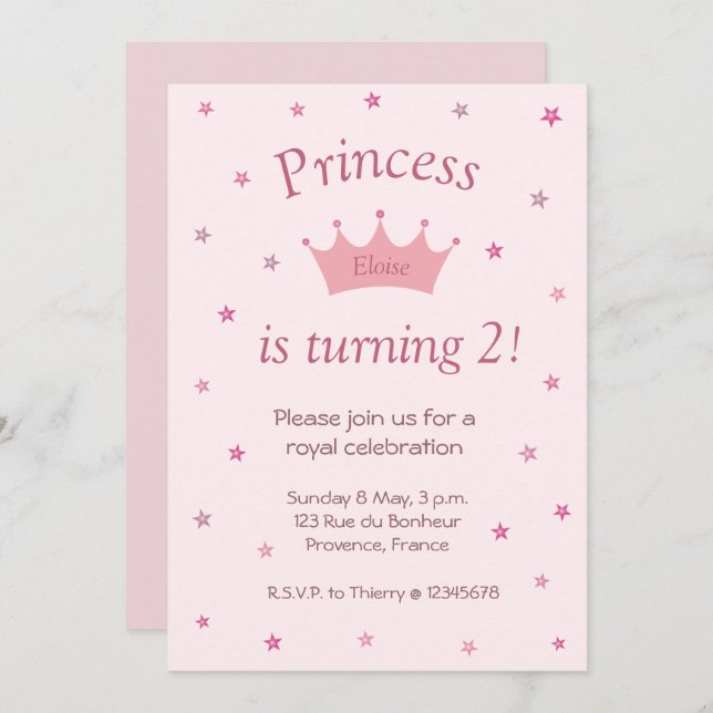 Princess Pink Crown Tiara Stars Kids Baby Birthday Invitation (Front/Back)