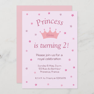 Princess Pink Crown Tiara Stars Kids Baby Birthday Invitation