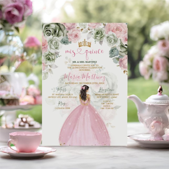 Princess Pink Dresses Floral Sage Green Mis Quince Invitation (Creator Uploaded)