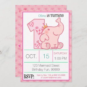 Princess Pink Elephant 1st Birthday Party Custom Invitation