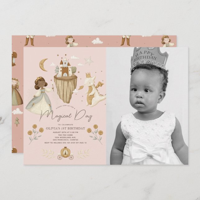Princess Pink Fairytale Dark Skin 1st Birthday Invitation (Front/Back)