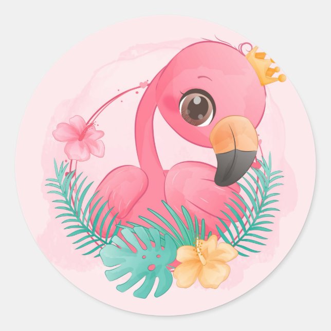 Princess Pink Flamingo Pink Girl Baby Shower Classic Round Sticker (Front)