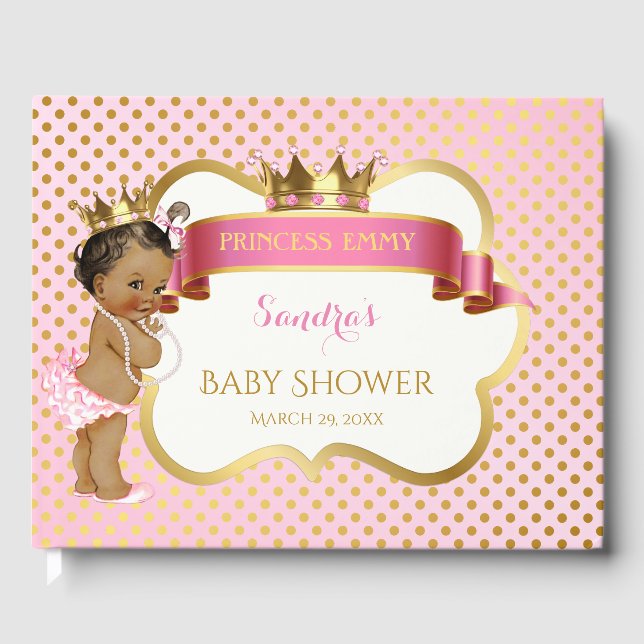 Princess Pink Gold African American Baby Girl Guest Book (Front)