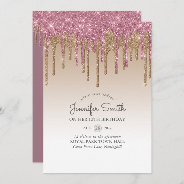 Princess PINK GOLD Dripping Glitter 12th BIRTHDAY Invitation (Front/Back)