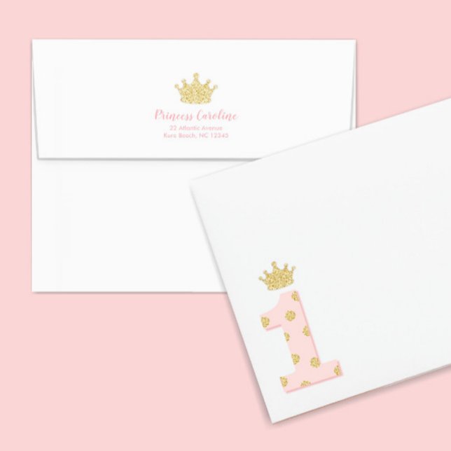 Princess Pink Gold Glitter Crown Birthday Party Envelope (Creator Uploaded)