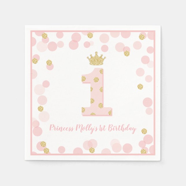 Princess Pink Gold Glitter Crown First Birthday Napkin (Front)