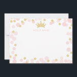 Princess Pink Gold Glitter Polka Dots Stationery Card<br><div class="desc">This design features a princess crown accented by soft pink and glittery gold confetti. Click the customise button for more flexibility with adding your own text! Variations of this design, additional colours, as well as coordinating products are available in our shop, zazzle.com/store/doodlelulu. Contact us if you need this design applied...</div>