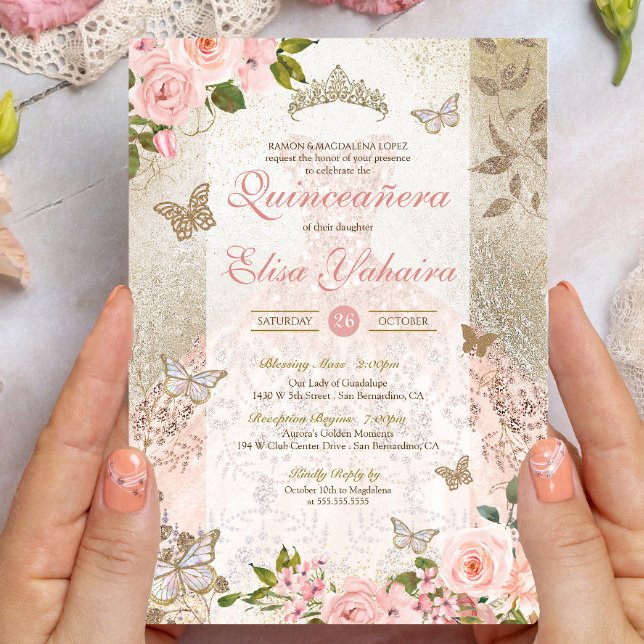 Princess Pink Gold Rose Butterfly Glam Quinceanera Invitation (Creator Uploaded)